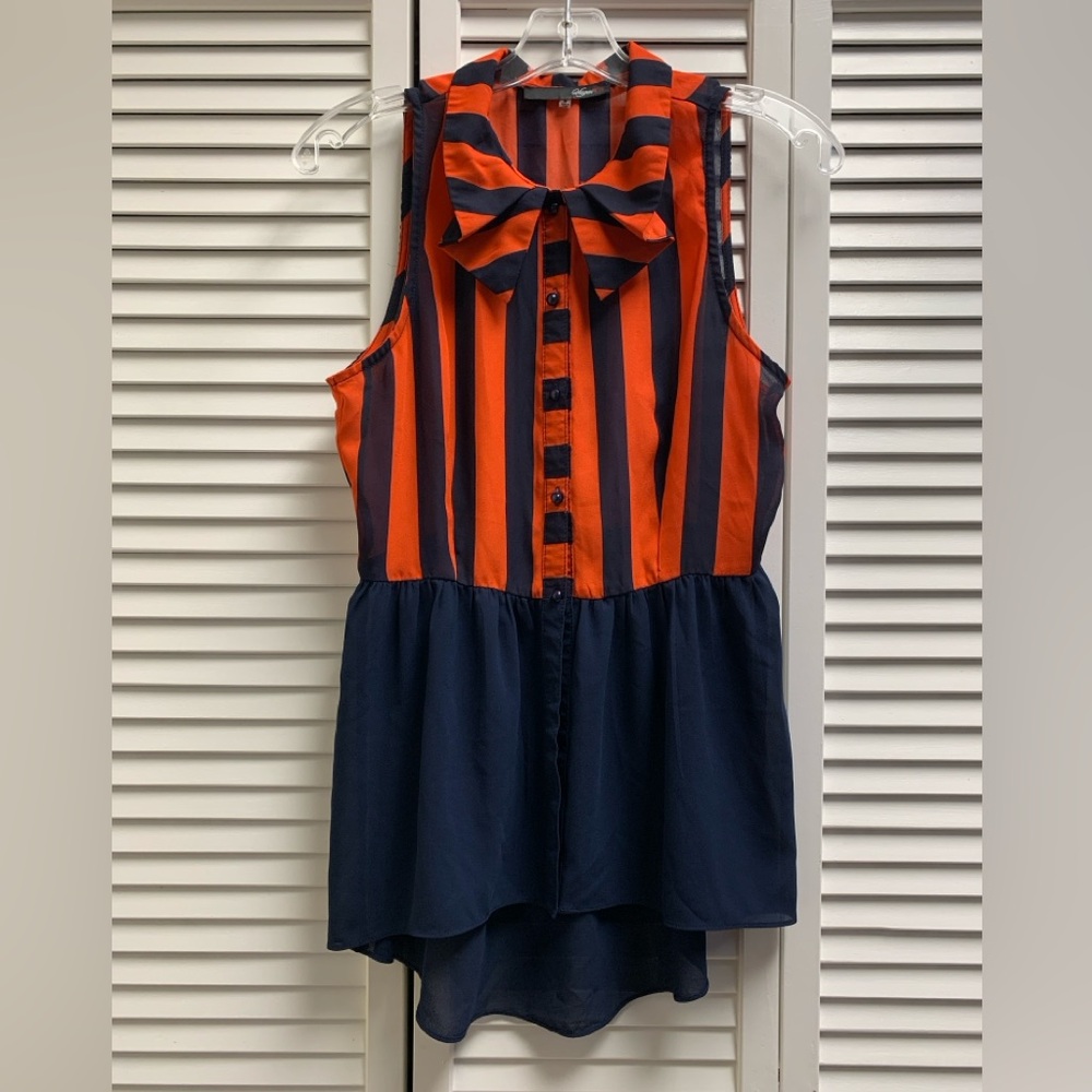 Navy & Orange Striped Button Up Blouse Size Med  By Sugar Lips  Polyester